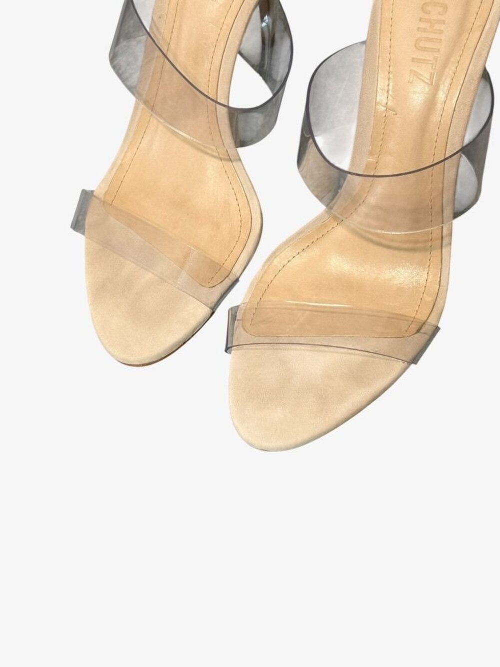 Schutz Ariella PVC Suede Stiletto Sandals 6.5 Clear Nude Oyster 7 Party Worn 1x - Picture 3 of 10